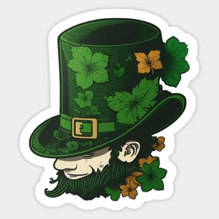 A leprechaun hat with a four-leaf clover,with a smiling face Sticker